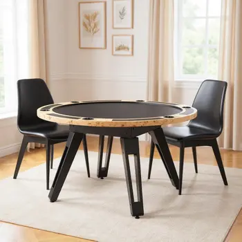 54" Natural and Black Wood and Solid Wood Round Top Dining Table