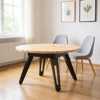 54" Natural and Black Wood and Solid Wood Round Top Dining Table