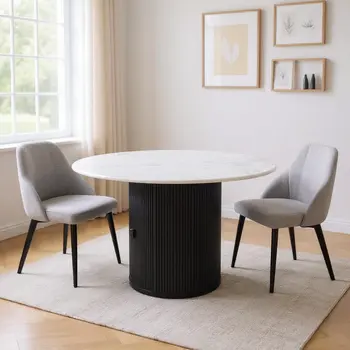 56" White and Black Marble and Solid Wood Pedestal Base Round Top Dining Table