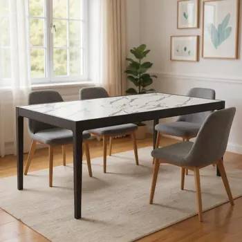 65" White and Black Faux Marble and Solid Wood Dining Table