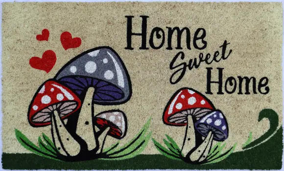 18" X 30" Beige and Black Coir Mushrooms Home Sweet Home Outdoor Door Mat