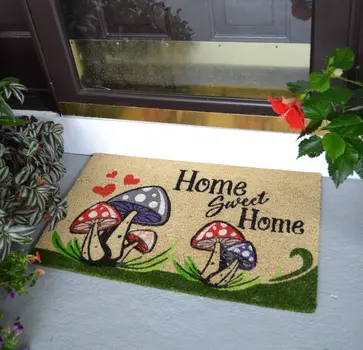 18" X 30" Beige and Black Coir Mushrooms Home Sweet Home Outdoor Door Mat