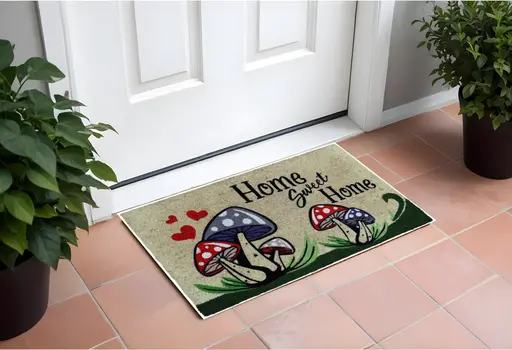 18" X 30" Beige and Black Coir Mushrooms Home Sweet Home Outdoor Door Mat