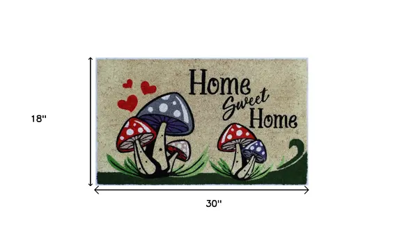 18" X 30" Beige and Black Coir Mushrooms Home Sweet Home Outdoor Door Mat