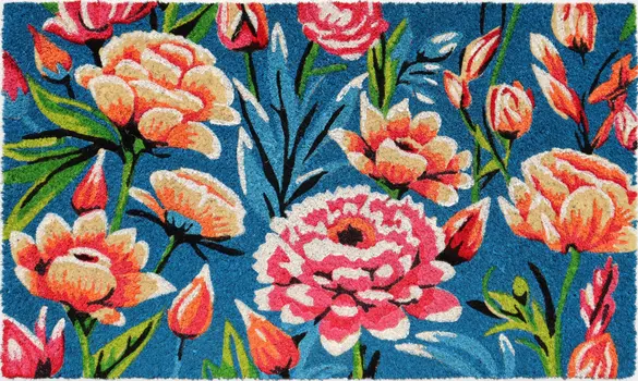 18" X 30" Blue and Pink Coir Floral Outdoor Door Mat