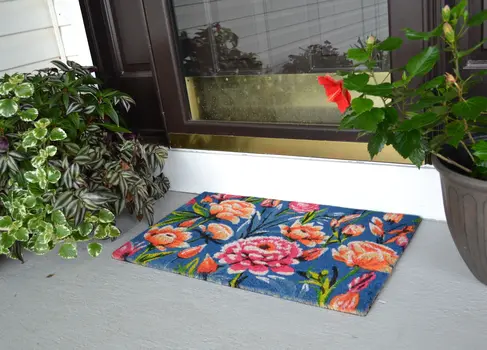 18" X 30" Blue and Pink Coir Floral Outdoor Door Mat