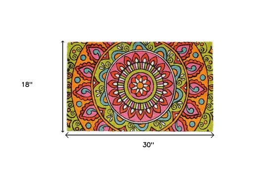18" X 30" Green and Pink Coir Abstract Outdoor Door Mat