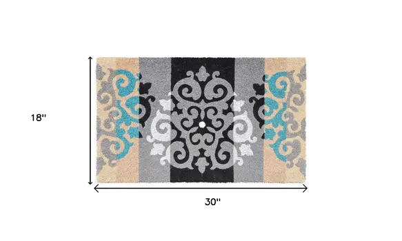 18" X 30" Beige and White Coir Damask Outdoor Door Mat