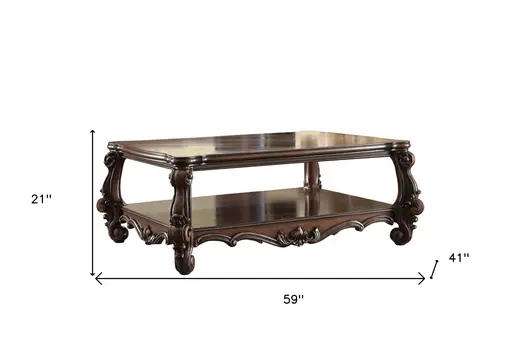 59" Brown Solid Wood And Solid Wood And Polyresin Coffee Table With Shelf