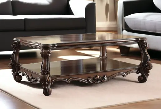 59" Brown Solid Wood And Solid Wood And Polyresin Coffee Table With Shelf