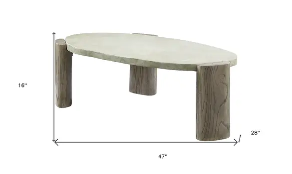 47" Beige and Oak Distressed Cement Oval Coffee Table