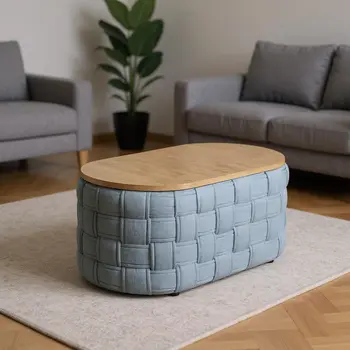 41" Natural and Blue Wood And Woven Fabric Oval Coffee Table