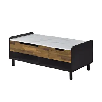 47" White Black and Brown Faux Marble And Wood Lift Top Coffee Table With Drawer And Two Shelves