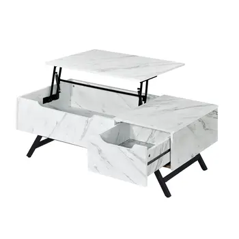 48" White and Black Wood and Steel Lift Top Coffee Table With Drawer