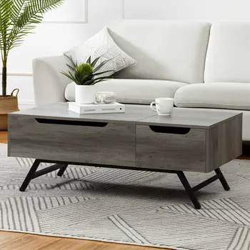 48" Gray Oak and Black Wood and Steel Lift Top Coffee Table With Drawer