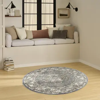 4' Blue Floral Power Loom Round Rug