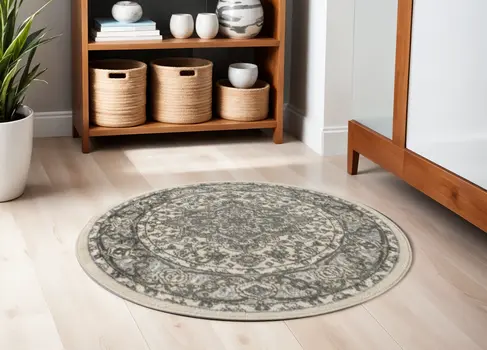 4' Blue Floral Power Loom Round Rug