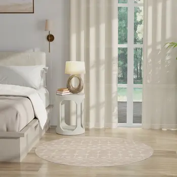 4' Beige Geometric Power Loom Round Rug