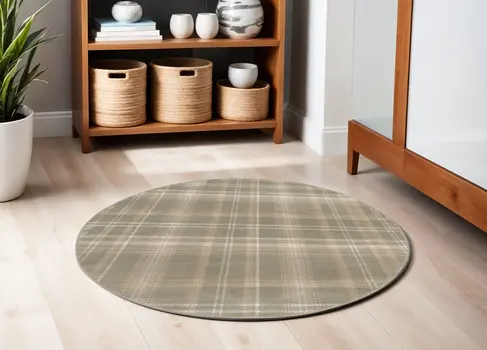 4' Olive Green and Ivory Plaid Round Rug