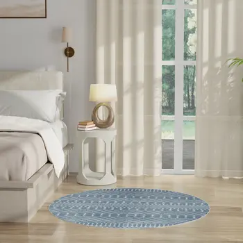 4' Blue Geometric Power Loom Round Rug