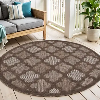 4' Dark Brown And Light Brown Round Geometric Indoor Outdoor Area Rug