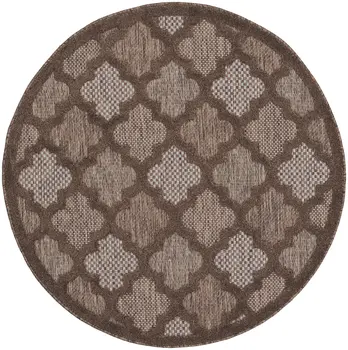 4' Dark Brown And Light Brown Round Geometric Indoor Outdoor Area Rug