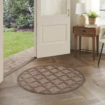 4' Dark Brown And Light Brown Round Geometric Indoor Outdoor Area Rug
