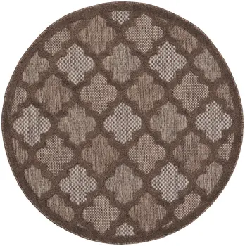 4' Dark Brown And Light Brown Round Geometric Indoor Outdoor Area Rug