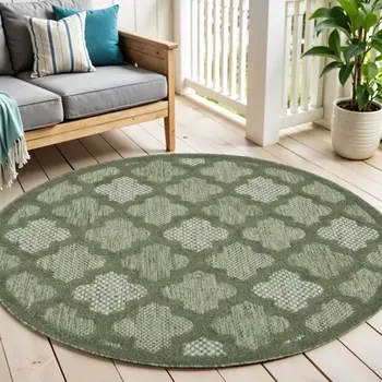 4' Dark Green And Light Green Round Geometric Indoor Outdoor Area Rug