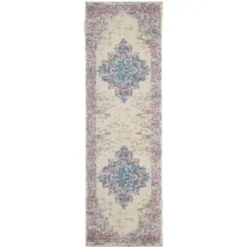 6' Ivory Pink and Blue Medallion Distressed Runner Rug