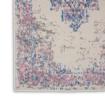 6' Ivory Pink and Blue Medallion Distressed Runner Rug