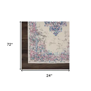 6' Ivory Pink and Blue Medallion Distressed Runner Rug