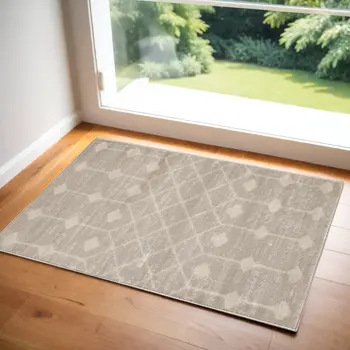 3' X 5' Beige Geometric Power Loom Area Rug