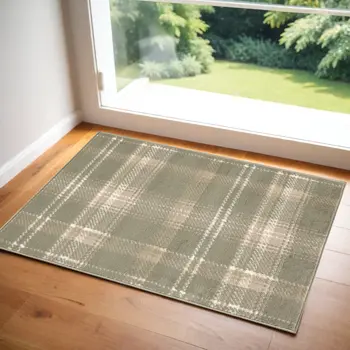 3' X 5' Olive Green and Ivory Plaid Area Rug