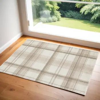 3' X 5' Ivory Plaid Power Loom Area Rug