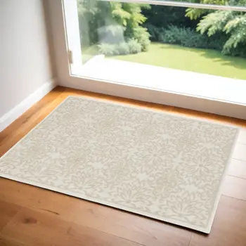 3' X 5' Beige and Ivory Floral Area Rug