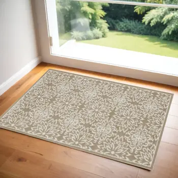 3' X 5' Taupe and Ivory Floral Area Rug