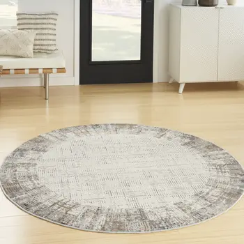 5' Ivory and Gray Abstract Round Rug