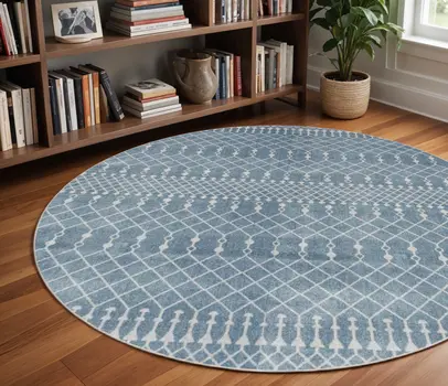5' Blue Geometric Power Loom Round Rug