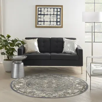 8' Blue Floral Power Loom Round Rug