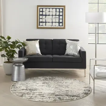 8' Gray Floral Power Loom Round Rug
