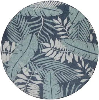 4' Navy Blue Round Floral Indoor Outdoor Area Rug