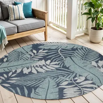 4' Navy Blue Round Floral Indoor Outdoor Area Rug