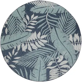 4' Navy Blue Round Floral Indoor Outdoor Area Rug