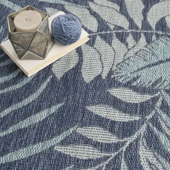 4' Navy Blue Round Floral Indoor Outdoor Area Rug
