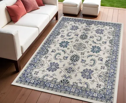 4' X 6' Ivory And Blue Floral Indoor Outdoor Area Rug