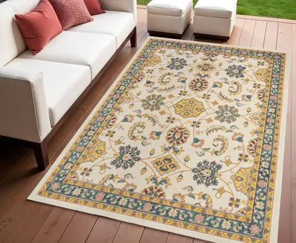 4' X 6' Ivory And Gold Floral Indoor Outdoor Area Rug