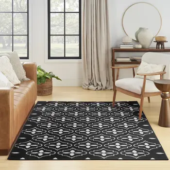 4' X 6' Black And Ivory Geometric Indoor Outdoor Area Rug