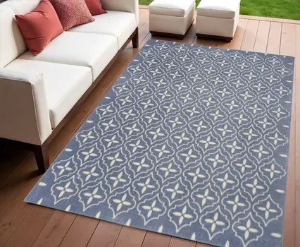 4' X 6' Blue And Ivory Geometric Indoor Outdoor Area Rug