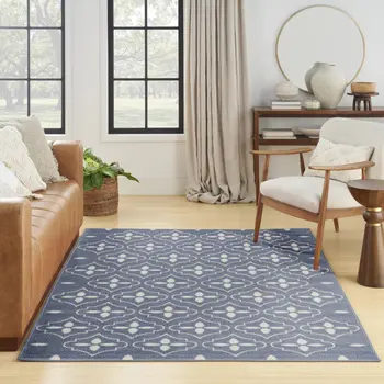 4' X 6' Blue And Ivory Geometric Indoor Outdoor Area Rug